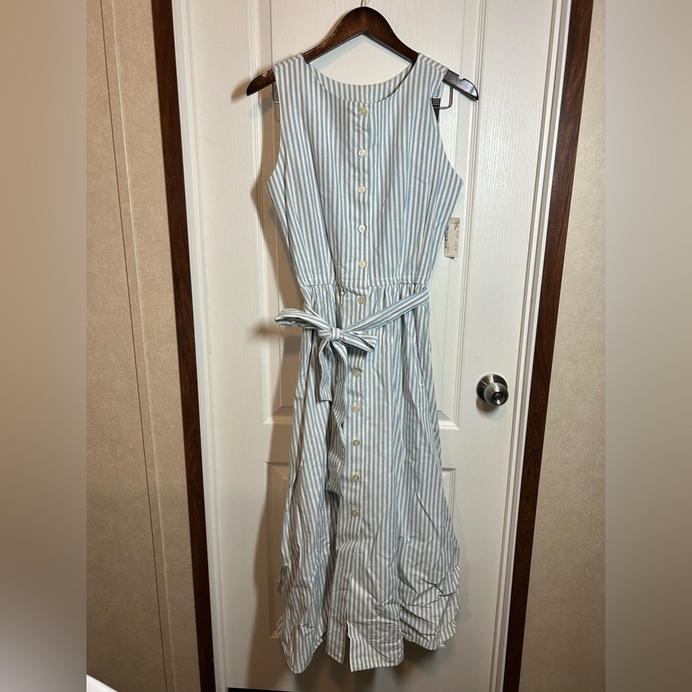 Vintage Corbin Ltd Blue and White Striped 100% Cotton Sundress - Size 10 NOS NWT